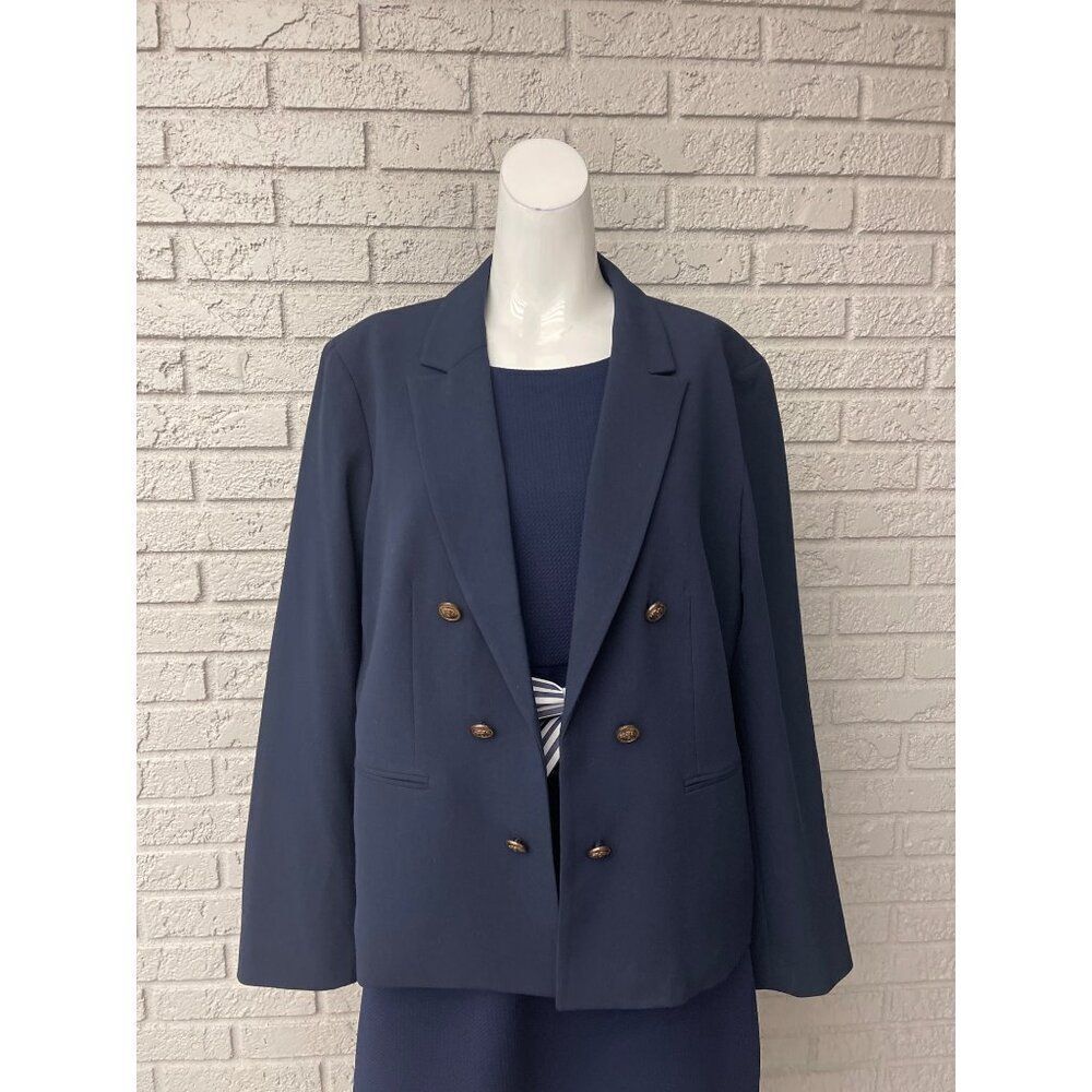 Nine West Women Navy Open Front Blazer with Embossed Buttons Size L NWT